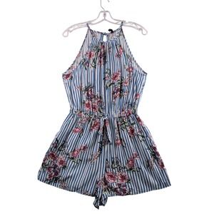 Bebop Romper Womens Medium Blue White Striped Floral Halter ZG5U9211‎